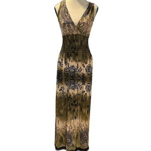 Brown and Tan Sleeveless V-Neck Maxi Sundress